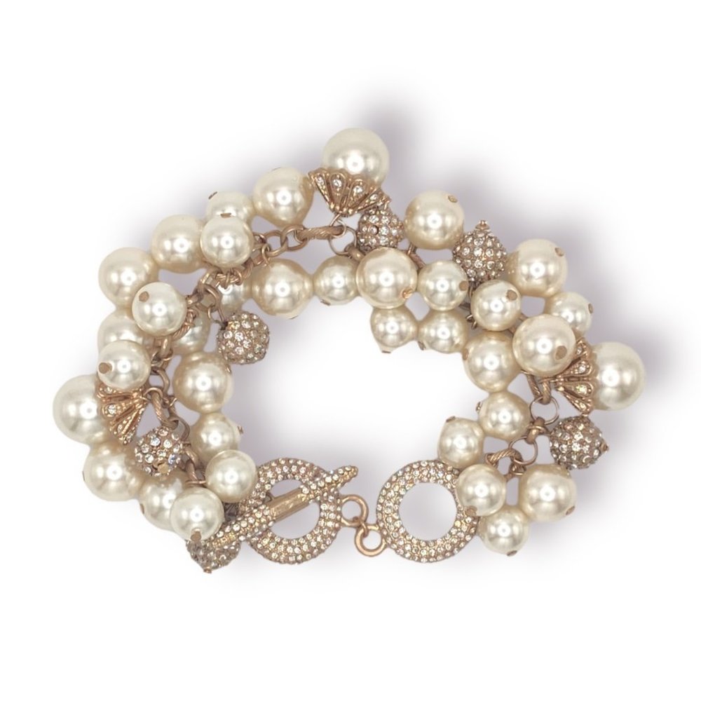 NEW Badgley Mischka Pearl & Pave Rhinestone Bead Gold Dangle Wedding Bracelet - Picture 2 of 8